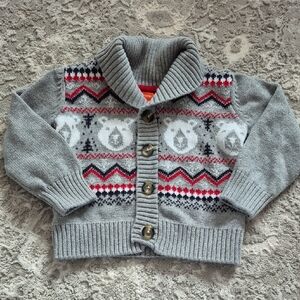 Joe Fresh Boy's Grey Knit Winter Christmas Polar Bear Cardigan Sweater Size 2T